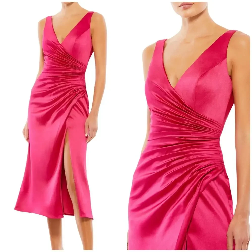 Mac Duggal NWT Pink Satin Ruched V-Neck Faux Wrap Midi Dress Size 4 Sleeveless - Picture 1 of 10